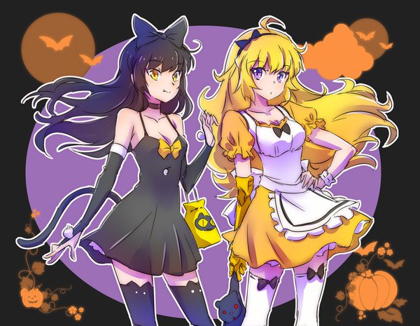 イラスト 2146x1666 と rwby rooster teeth goldilocks and the three bears blake belladonna yang xiao long いえすぱ 長髪 カメラ目線 highres おっぱい 黒髪 金髪 笑顔 紫目 multiple girls 黄色眼 cleavage アホ毛 尻尾 animal tail