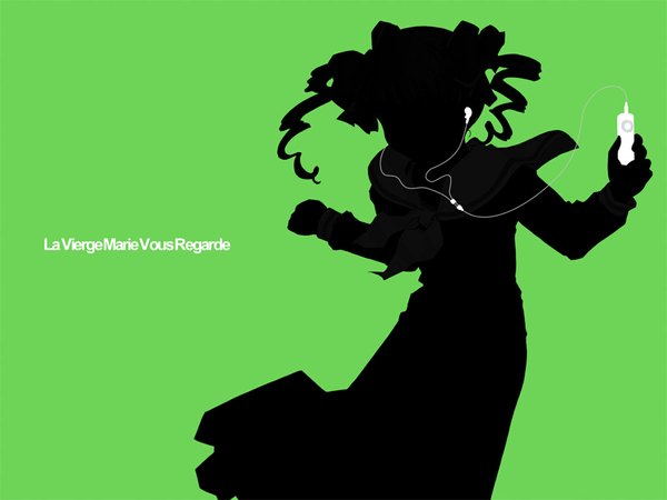 Anime picture 1024x768 with maria-sama ga miteru studio deen ipod matsudaira touko silhouette green background parody