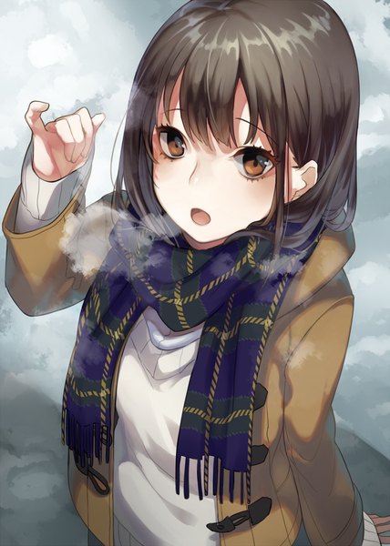 Anime picture 800x1120 with original yuu (higashi no penguin) single long hair tall image looking at viewer fringe open mouth brown hair brown eyes upper body arm up from above exhalation pinky out girl scarf coat plaid scarf