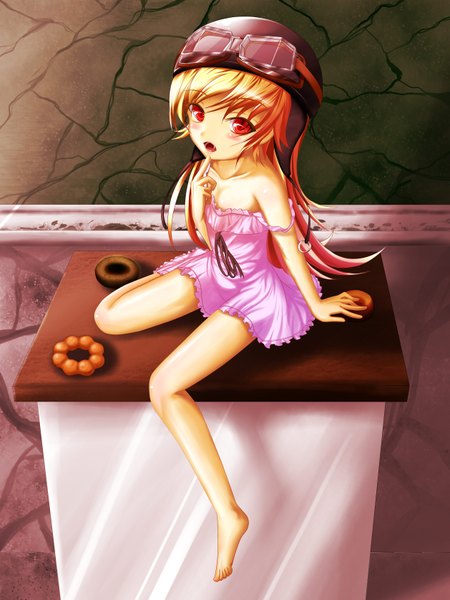 Anime picture 2514x3350 with bakemonogatari nisemonogatari shaft (studio) monogatari (series) oshino shinobu single long hair tall image blush highres open mouth blonde hair red eyes sitting bare shoulders barefoot teeth fang (fangs) finger to mouth girl