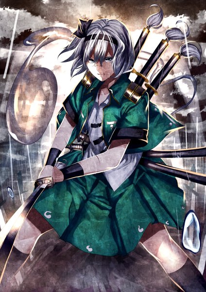 Anime picture 1500x2121 with touhou konpaku youmu myon uu uu zan single tall image looking at viewer short hair blue eyes sky cloud (clouds) grey hair scar girl bow weapon hair bow sword socks katana