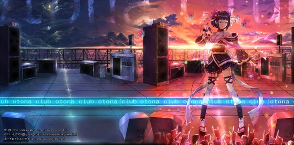 Anime picture 2501x1241 with vocaloid vy1 (mizki) kazeno highres short hair black hair wide image bare shoulders cleavage cloud (clouds) japanese clothes hair flower evening sunset scenic girl thighhighs hair ornament bell microphone