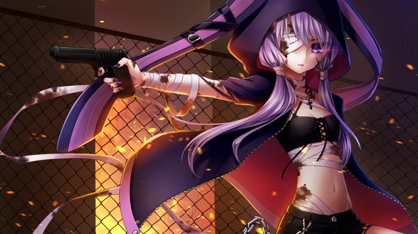 Anime picture 1500x844 with vocaloid voiceroid yuzuki yukari ueno tsuki single long hair fringe wide image purple eyes twintails holding purple hair nail polish fingernails blurry open clothes short sleeves alternate costume low twintails outstretched arm