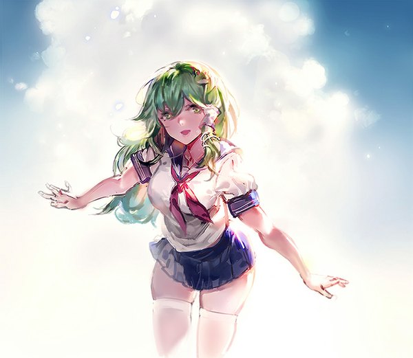 Anime picture 900x782 with touhou kochiya sanae kishiyo single long hair looking at viewer fringe breasts open mouth large breasts standing twintails green eyes cloud (clouds) pleated skirt green hair sunlight leaning leaning forward happy