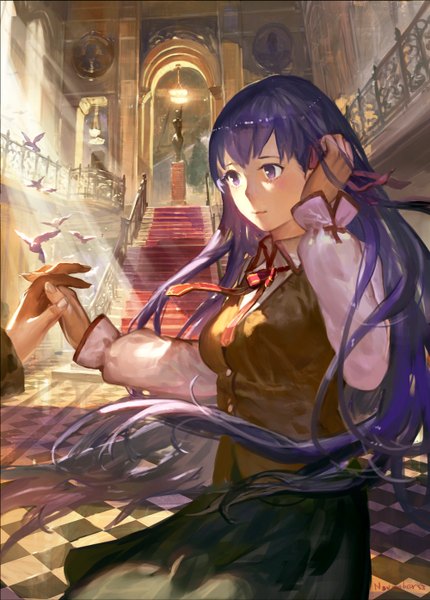 Anime picture 1000x1396 with fate (series) fate/stay night type-moon matou sakura november (jeanex) long hair tall image blush fringe breasts standing purple eyes signed purple hair indoors fingernails sunlight adjusting hair checkered floor floor
