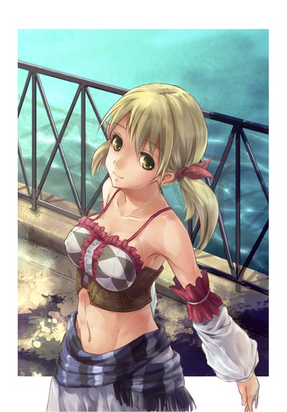 Anime picture 1166x1668 with atelier (series) atelier rorona gust (company) lionela heinze shacchi single long hair tall image fringe blonde hair smile twintails bare shoulders brown eyes looking away bare belly groin short twintails girl navel