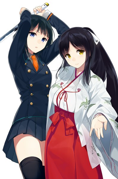 Anime picture 706x1067 with original sasamori tomoe long hair tall image short hair blue eyes black hair simple background white background multiple girls yellow eyes ponytail traditional clothes miko girl thighhighs uniform weapon black thighhighs 2 girls