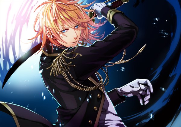 Anime picture 1023x722 with uta no prince-sama a-1 pictures jinguji ren kaya iris single looking at viewer fringe short hair blue eyes blonde hair smile upper body arm up hair over one eye night light fighting stance boy gloves weapon