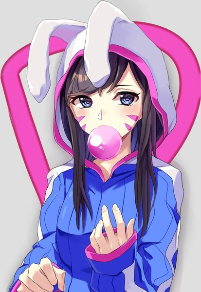Anime picture 800x1160 with overwatch blizzard entertainment d.va (overwatch) xiui7 single long hair tall image blush fringe blue eyes black hair simple background animal ears looking away upper body grey background alternate costume facial mark fake animal ears whisker markings