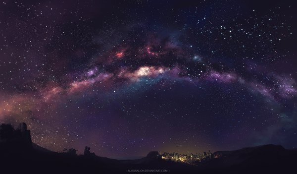 Anime picture 1407x824 with original auroralion wide image sitting sky cloud (clouds) outdoors night city horizon landscape scenic city lights milky way star (stars)