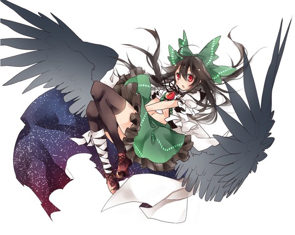 Anime picture 1780x1420 with touhou reiuji utsuho toutenkou single long hair looking at viewer fringe highres breasts open mouth black hair simple background hair between eyes red eyes white background full body ahoge bare belly open shirt zettai ryouiki