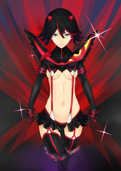 Anime picture 990x1400 with kill la kill studio trigger matoi ryuuko shinjin (sakurai ayako) single tall image looking at viewer short hair breasts blue eyes light erotic black hair multicolored hair two-tone hair midriff streaked hair girl thighhighs gloves navel