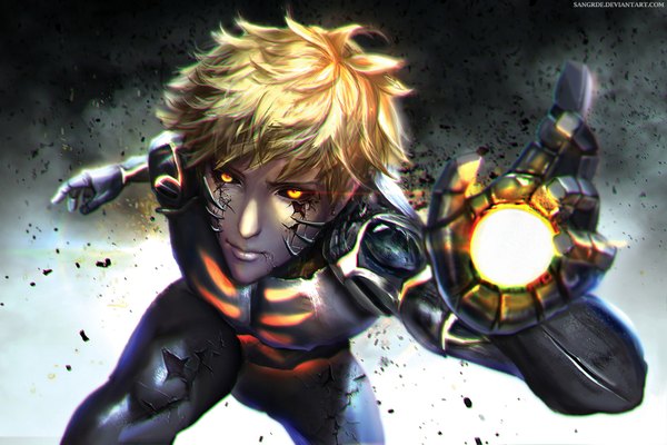 Anime picture 1800x1200 with one-punch man madhouse genos sangrde single looking at viewer highres short hair blonde hair yellow eyes lips messy hair superhero boy cyborg