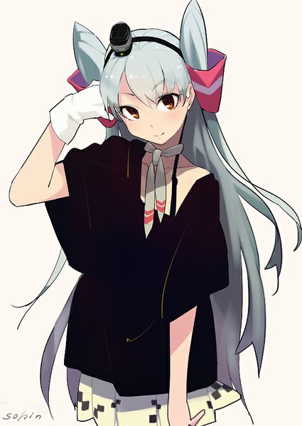 Anime picture 637x900 with kantai collection amatsukaze destroyer sohin single long hair tall image looking at viewer blush simple background smile brown eyes signed grey hair grey background two side up alternate costume casual girl hair ornament hat
