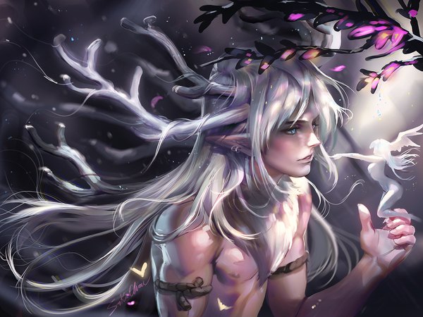 Anime picture 1598x1200 with original sakimichan long hair blue eyes signed looking away white hair parted lips profile horn (horns) wind pointy ears sunlight realistic piercing ear piercing dark background solo focus topless muscle