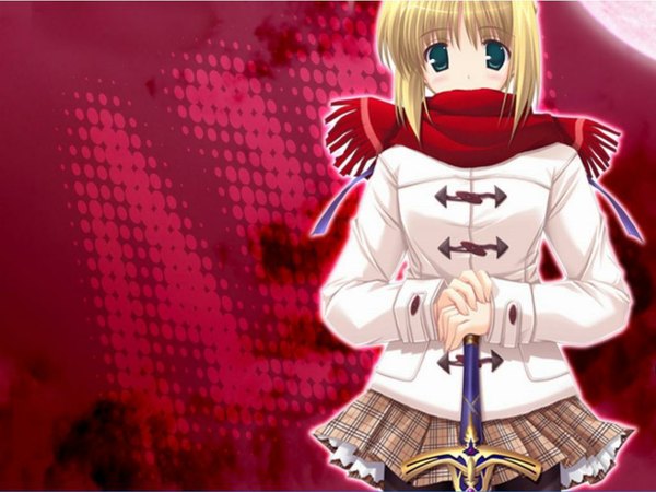 Anime picture 1024x768 with fate (series) fate/stay night studio deen type-moon artoria pendragon (all) saber single looking at viewer short hair blonde hair green eyes plaid skirt covered mouth plaid girl skirt weapon miniskirt sword scarf
