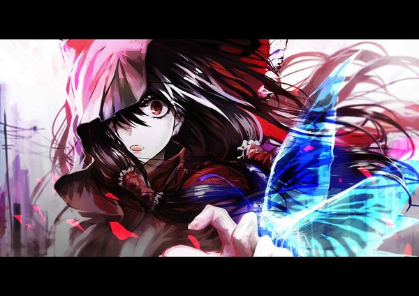 Anime picture 1073x759 with touhou hakurei reimu kzcjimmy single long hair looking at viewer fringe open mouth red eyes wind hair over one eye piercing glowing letterboxed dark hair girl earrings petals insect butterfly