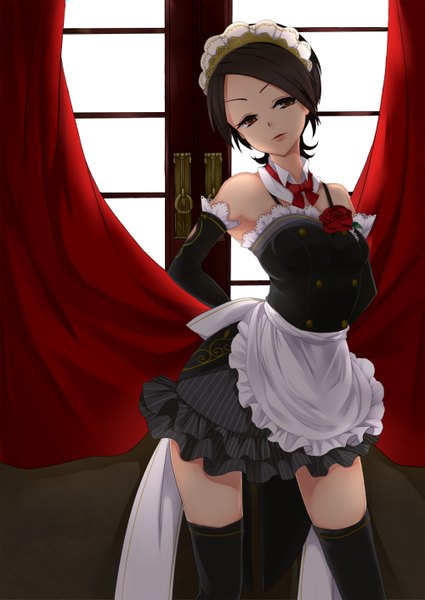 Anime picture 1000x1413 with idolmaster idolmaster cinderella girls tougou ai hukasikasi single tall image short hair black hair brown eyes maid zettai ryouiki girl thighhighs gloves black thighhighs elbow gloves headdress maid headdress curtains