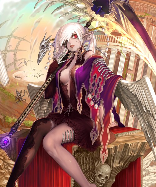 Anime picture 1250x1500 with original mega (artist) long hair tall image fringe red eyes looking away sky cloud (clouds) white hair ponytail braid (braids) pointy ears hair over one eye white wings skeleton girl thighhighs dress weapon