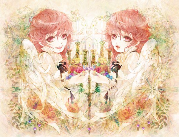 Anime picture 1000x769 with original tottome long hair looking at viewer smile multiple girls pink hair pink eyes light smile from behind reflection angel wings face to face twins brown background girl ribbon (ribbons) 2 girls plant (plants) shirt