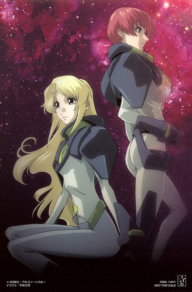 Anime picture 1318x2000 with heroic age deianeira aneasha ol megarla long hair tall image short hair blonde hair purple eyes multiple girls green eyes red hair scan inscription hieroglyph girl 2 girls star (stars) bodysuit