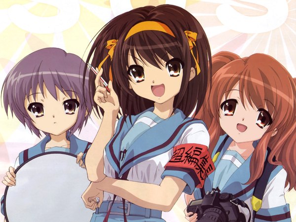 Anime picture 1600x1200 with suzumiya haruhi no yuutsu kyoto animation suzumiya haruhi nagato yuki asahina mikuru ikeda shouko long hair looking at viewer short hair open mouth brown hair multiple girls brown eyes purple hair :d cropped girl uniform school uniform hairband