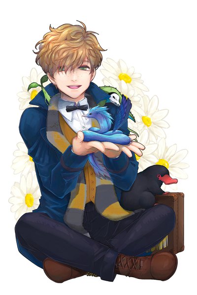 Anime picture 600x900 with fantastic beasts and where to find them newt scamander niffler bowtruckle occamy swooping evil skymomo d single tall image short hair simple background blonde hair smile white background sitting holding green eyes open jacket crossed legs freckles