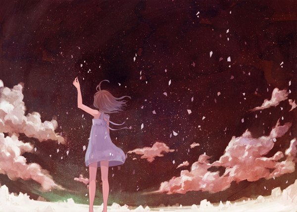 Anime picture 2000x1429 with 72 (nananatsu) highres brown hair sky cloud (clouds) ahoge from behind night girl petals star (stars) sundress