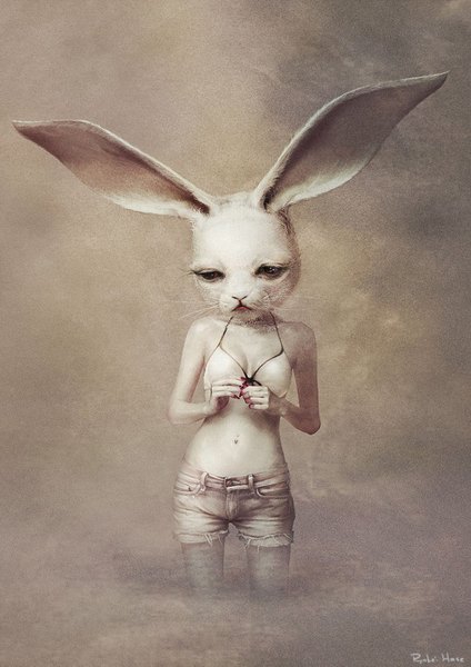 Anime picture 1024x1449 with original ryohei hase single tall image simple background sad fog navel piercing girl shorts bunny