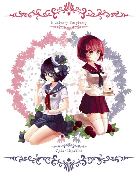 Anime picture 800x1000 with original z.na tall image short hair blue eyes black hair smile red eyes multiple girls red hair girl thighhighs uniform 2 girls hat white thighhighs serafuku food hairband sweets