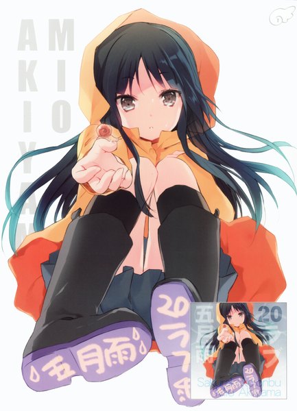 Anime picture 2181x3020 with k-on! kyoto animation akiyama mio cuteg single long hair tall image looking at viewer highres black hair simple background white background sitting brown eyes scan character names knees touching girl skirt miniskirt