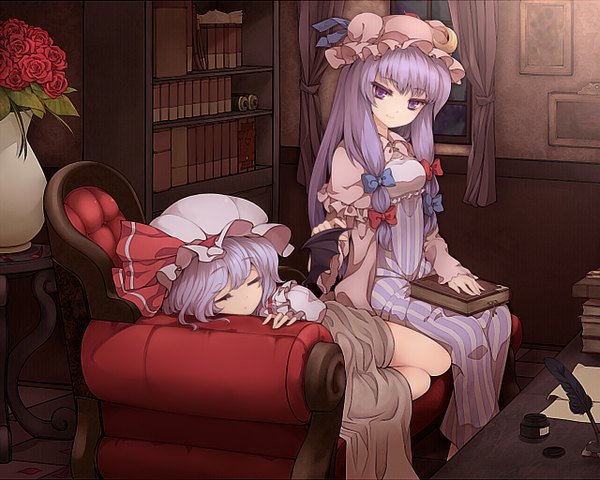 Anime picture 1280x1024 with touhou remilia scarlet patchouli knowledge uruu gekka long hair looking at viewer short hair smile sitting purple eyes multiple girls purple hair eyes closed sleeping girl flower (flowers) ribbon (ribbons) 2 girls hair ribbon window