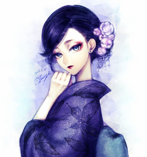Anime picture 892x952 with original ohagi (ymnky) single tall image looking at viewer fringe blue eyes black hair simple background white background signed upper body traditional clothes japanese clothes hair flower hair bun (hair buns) lipstick dated eyeshadow red lipstick