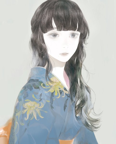 Anime picture 1000x1240 with original matayoshi single tall image fringe black hair simple background looking away traditional clothes japanese clothes black eyes realistic grey background mole floral print portrait wavy hair mole under mouth girl yukata
