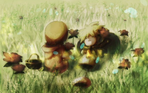 Anime picture 1280x800 with vocaloid kagamine rin kagamine len itaru (artist) blonde hair wide image sitting lying eyes closed from behind chibi girl boy flower (flowers) basket