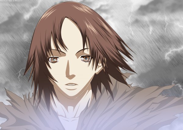 Anime picture 1440x1023 with claymore madhouse priscilla (claymore) raijin13 single short hair brown hair brown eyes sky cloud (clouds) coloring portrait face lightning girl