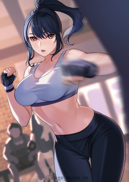 Anime picture 1736x2456 with original kagematsuri long hair tall image looking at viewer fringe highres breasts open mouth light erotic black hair hair between eyes large breasts bare shoulders signed payot ponytail indoors blurry midriff