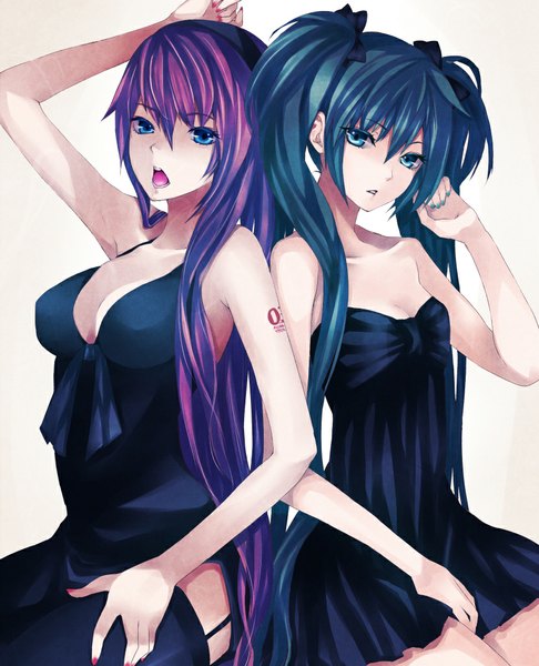 Anime picture 830x1024 with vocaloid hatsune miku megurine luka roku (hikokeng) long hair tall image breasts open mouth blue eyes light erotic simple background white background sitting twintails bare shoulders multiple girls cleavage purple hair nail polish aqua eyes