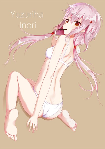 Anime picture 1500x2121 with guilty crown production i.g yuzuriha inori flan (seeyouflan) single long hair tall image light erotic simple background red eyes sitting twintails looking away pink hair full body looking back barefoot inscription character names underwear only