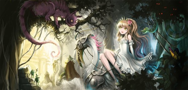Anime picture 1819x880 with original ume (illegal bible) long hair highres smile brown hair wide image yellow eyes hair flower teeth sharp teeth girl dress gloves hair ornament animal elbow gloves armor bird (birds) insect
