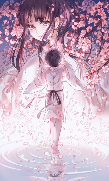 Anime picture 903x1500 with noragami studio bones yato (noragami) sakura (noragami) instockee long hair tall image fringe short hair purple eyes purple hair ponytail looking back barefoot lips from behind wide sleeves alternate costume outstretched arm reflection