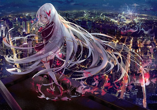 Anime picture 935x655 with original kinokohime single fringe light erotic red eyes looking away silver hair full body blunt bangs very long hair from above city cityscape walking different thighhighs girl thighhighs hair ornament insect