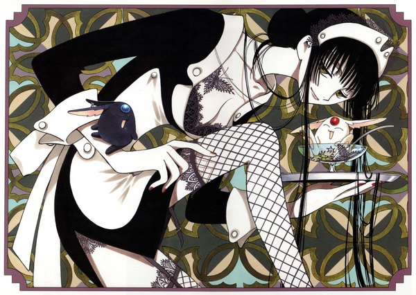 Anime picture 3800x2703 with xxxholic clamp ichihara yuuko mokona mokona-modoki long hair highres light erotic black hair maid thighhighs fishnet stockings
