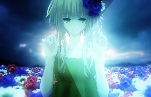 Anime picture 1000x640 with vocaloid gumi aonoe single long hair green eyes cloud (clouds) hair flower green hair sunlight tears girl dress hair ornament flower (flowers)
