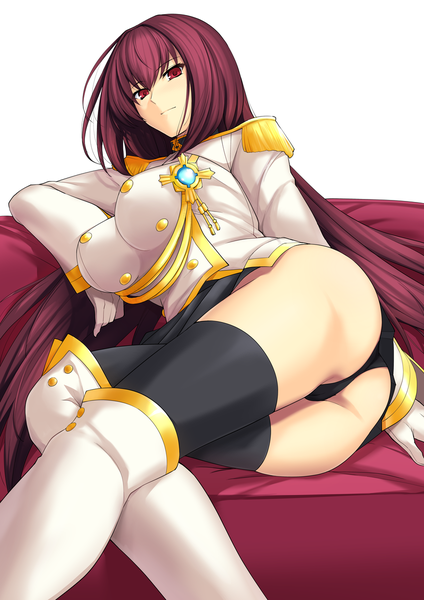 Anime picture 849x1200 with fate (series) fate/grand order fate/extella link scathach (fate) (all) scathach (fate) haruhisky single long hair tall image looking at viewer fringe breasts light erotic hair between eyes red eyes large breasts purple hair ass arm support reclining