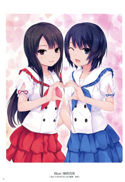 Anime picture 2408x3500 with k-books (artbook) coffee-kizoku long hair tall image looking at viewer blush fringe highres short hair open mouth blue eyes black hair smile red eyes standing white background multiple girls one eye closed fingernails light smile