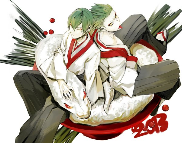 Anime picture 1000x788 with blazblue hazama terumi aya (min412) short hair smile white background sitting signed yellow eyes eyes closed traditional clothes japanese clothes green hair multiple boys new year back to back 2013 boy tongue