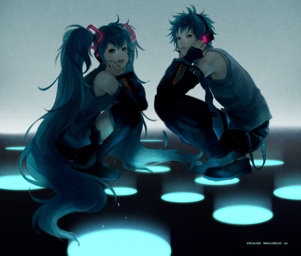 Anime picture 1418x1209 with vocaloid hatsune miku hatsune mikuo sumishuu long hair short hair twintails bare shoulders signed very long hair nail polish aqua eyes aqua hair squat girl thighhighs boy detached sleeves necktie headphones
