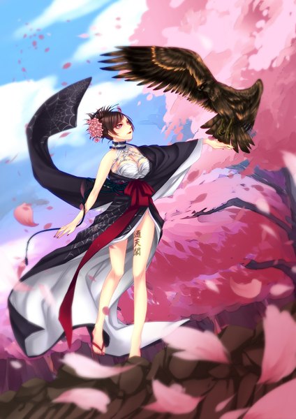 Anime picture 1000x1414 with tekken tekken 5 namco (studio) kazama asuka tagme (artist) single tall image fringe breasts light erotic red eyes brown hair standing sky cleavage cloud (clouds) nail polish traditional clothes japanese clothes hair flower