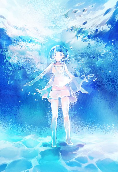 Anime picture 1000x1456 with original plasm (gyuunyuu) single tall image fringe short hair blue eyes standing blue hair barefoot bare legs underwater girl dress transparent clothing sundress bubble (bubbles) knickers